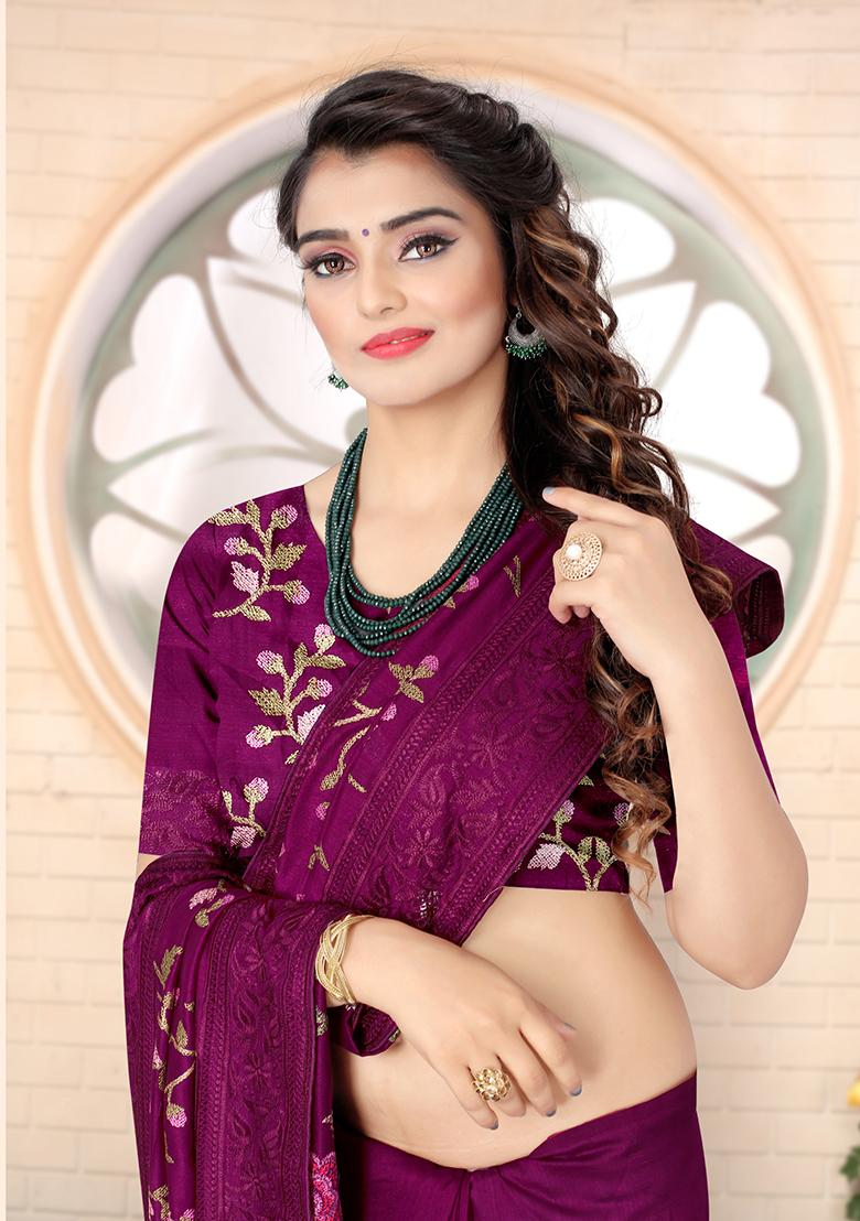 Wine Embroidery Silk Saree Set - Indya