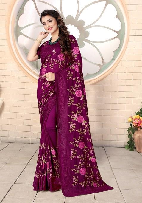 Wine Embroidery Silk Saree Set