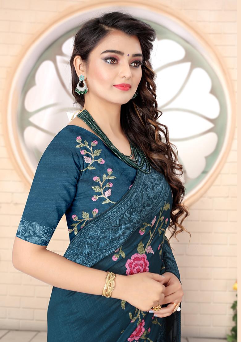 Morpeach Embroidery Silk Saree Set - Indya