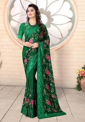 Bottle Green Embroidery Silk Saree Set