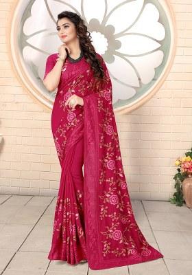 Rani Pink Embroidery Silk Saree Set