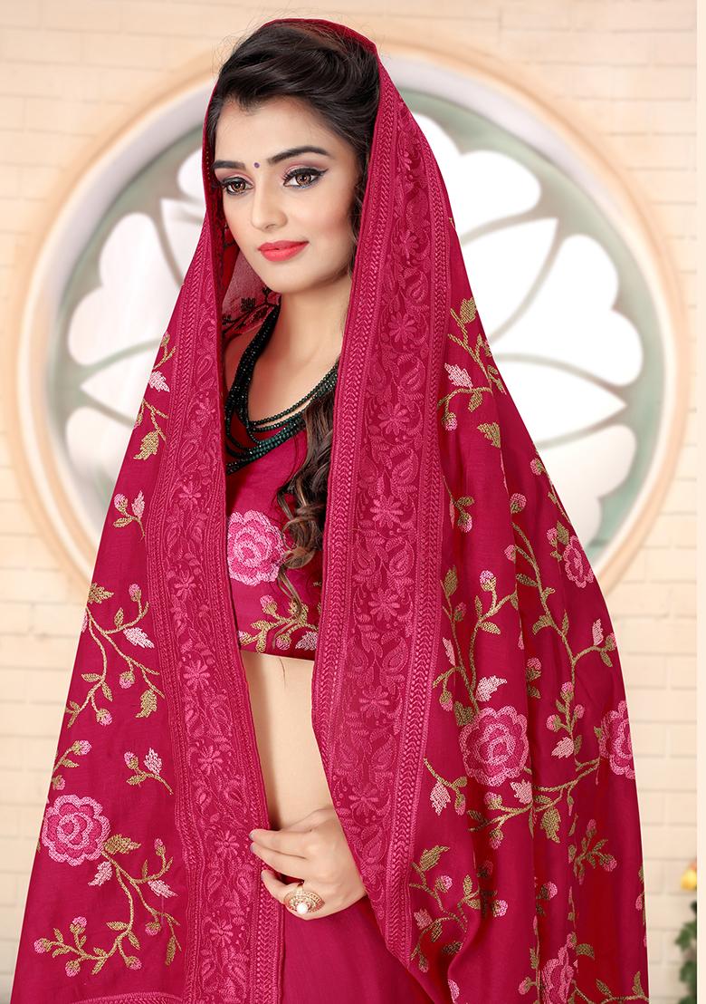 Rani Pink Embroidery Silk Saree Set - Indya