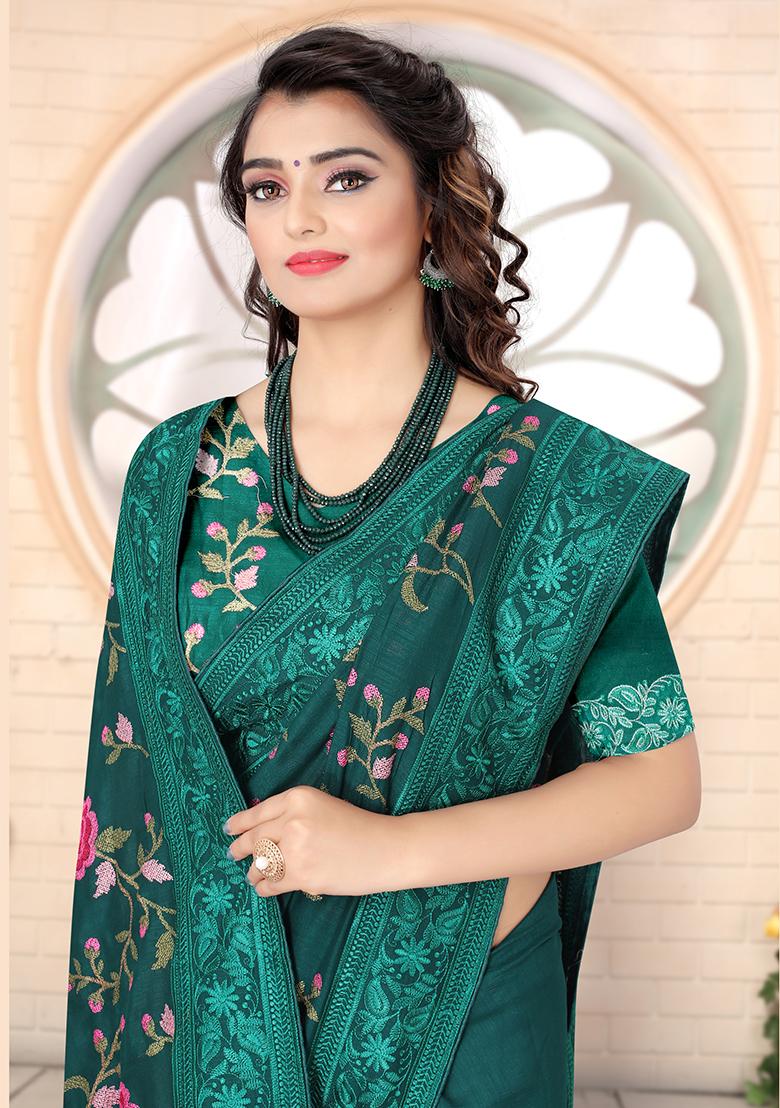 Rama Embroidery Silk Saree Set - Indya