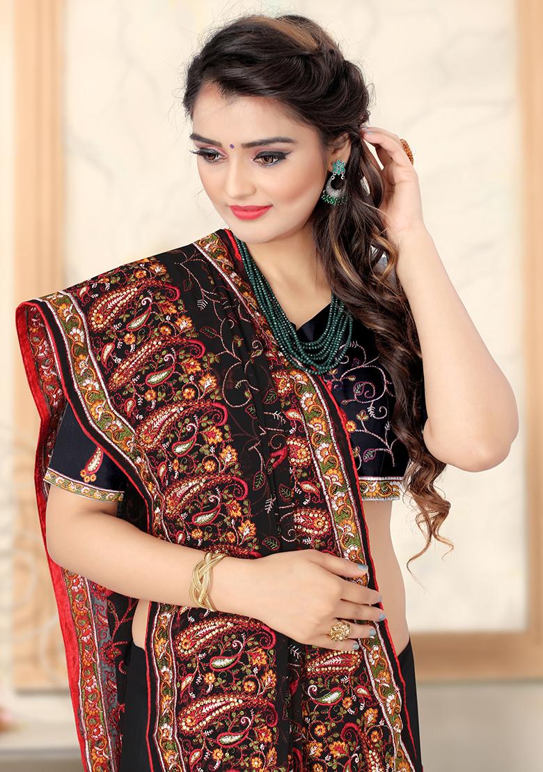 Black Embroidery Georgette Saree Set - Indya