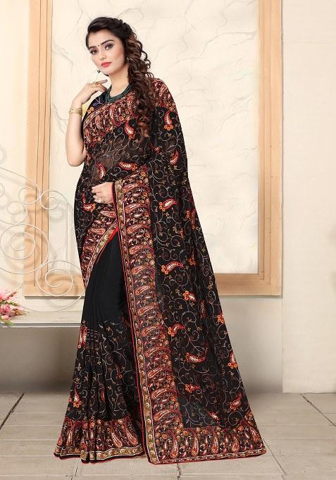 Black Embroidery Georgette Saree Set
