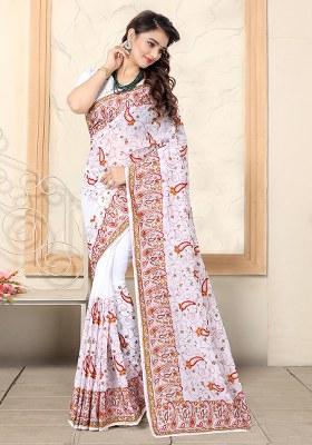 White Embroidery Georgette Saree Set