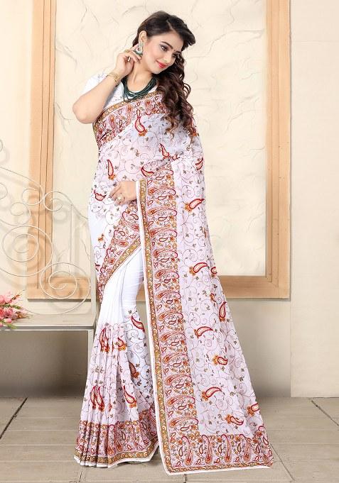 White Embroidery Georgette Saree Set