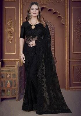 Black Embroidery Net Saree Set