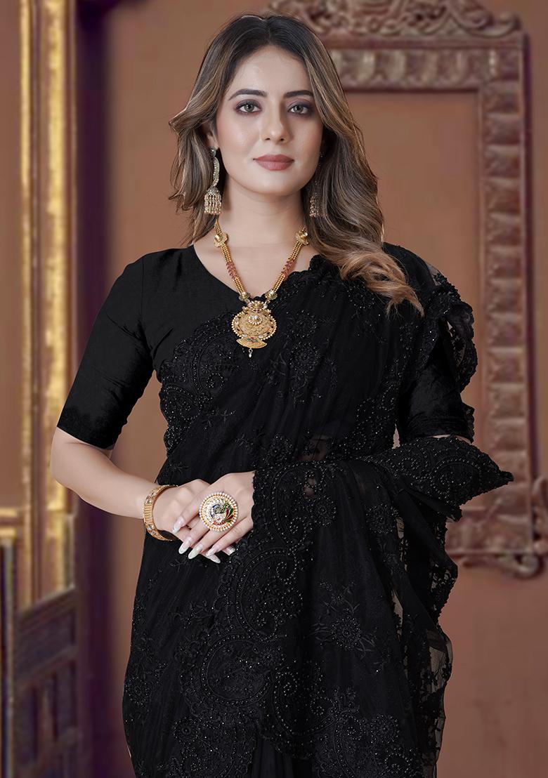 Black Embroidery Net Saree Set - Indya