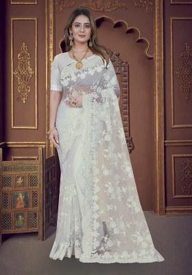 White Embroidery Net Saree Set