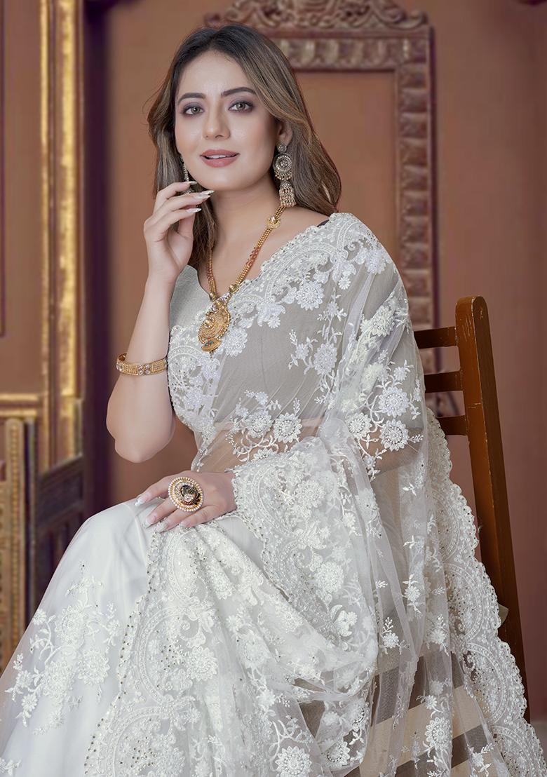 White Embroidery Net Saree Set - Indya