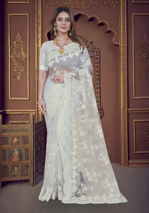 White Embroidery Net Saree Set
