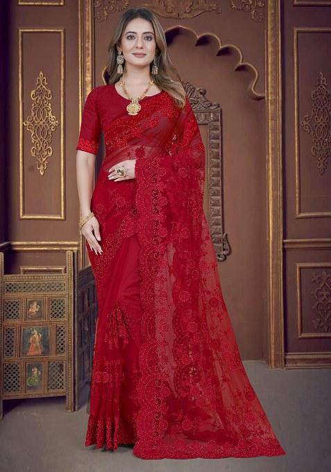 Red Embroidery Net Saree Set