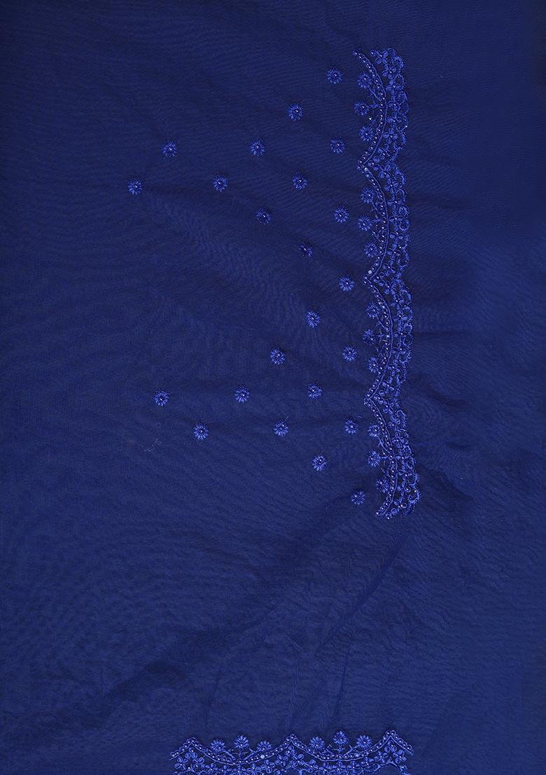 Navy Blue Embroidery Net Saree Set - Indya