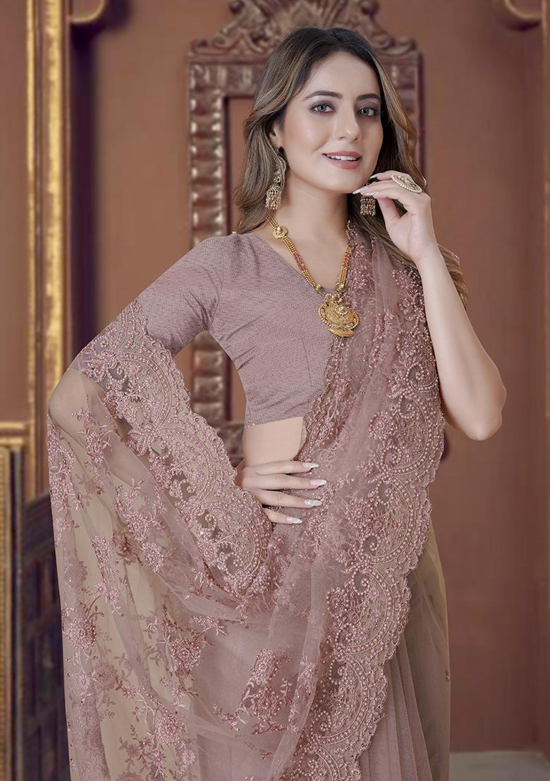 Lavender Embroidery Net Saree Set - Indya