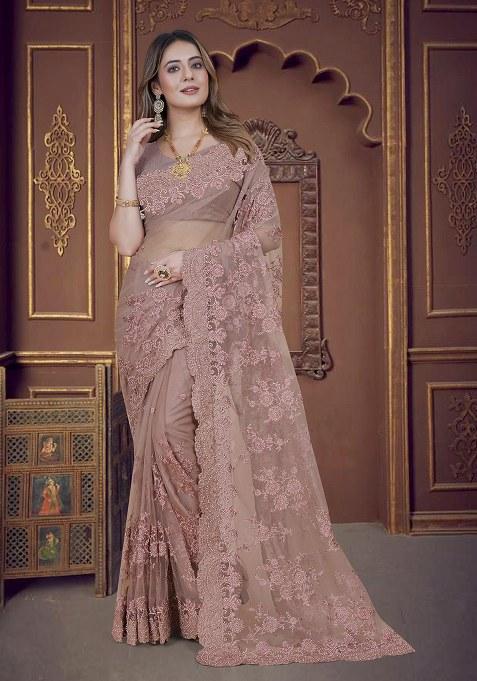 Lavender Embroidery Net Saree Set