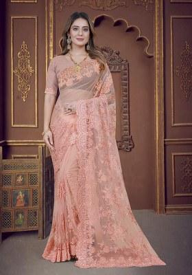 Dusty Peach Embroidery Net Saree Set