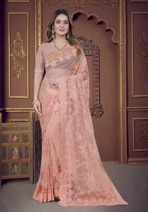 Dusty Peach Embroidery Net Saree Set