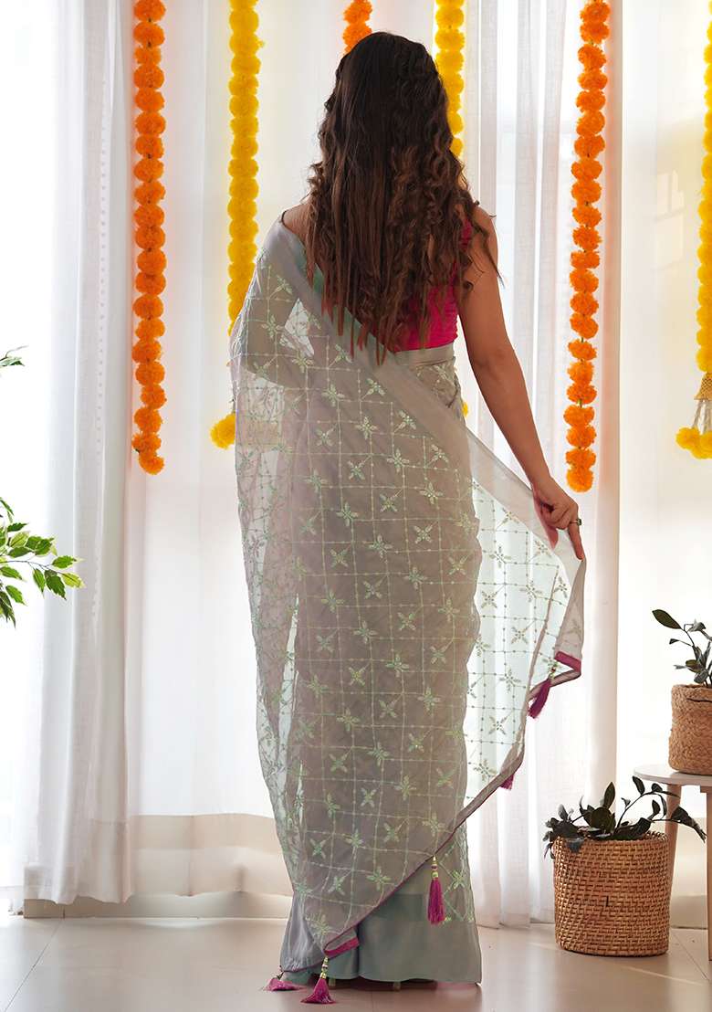 Grey Embroidery Polyster Saree Set for Diwali and Festive Wear - Indya