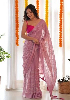 Onion Embroidery Polyster Saree Set