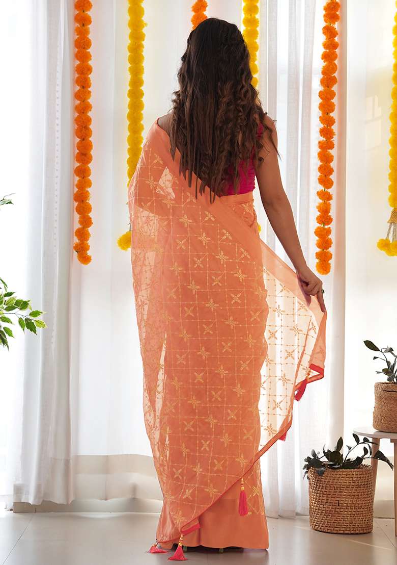Peach Embroidery Polyster Saree Set for Diwali and Festive Wear - Indya