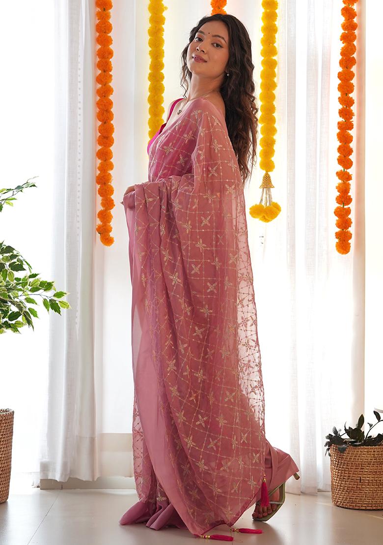 Pink Embroidery Polyster Saree Set - Indya