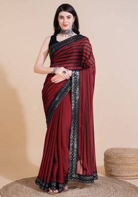 Red Embroidery Polyster Saree Set