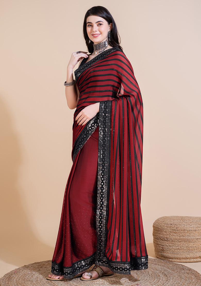 Red Embroidery Polyster Saree Set - Indya