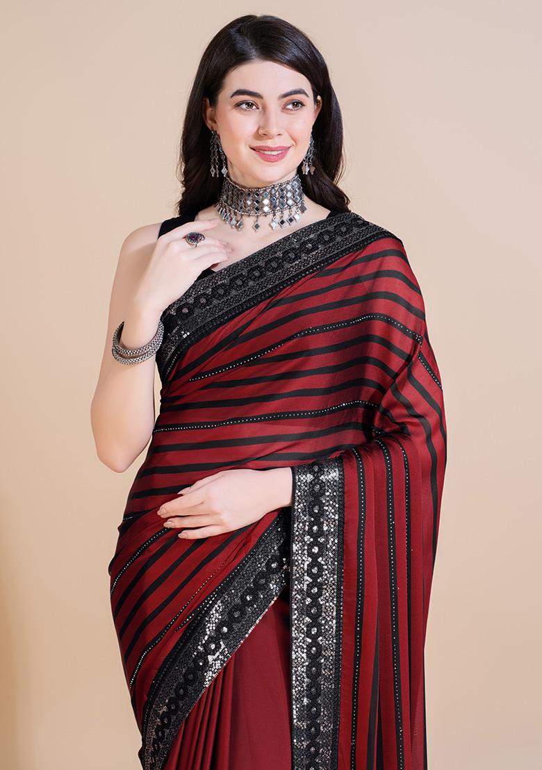 Red Embroidery Polyster Saree Set - Indya