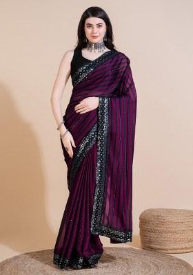Wine Embroidery Polyster Saree Set