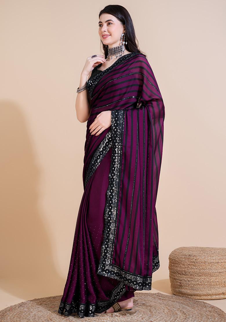 Wine Embroidery Polyster Saree Set - Indya