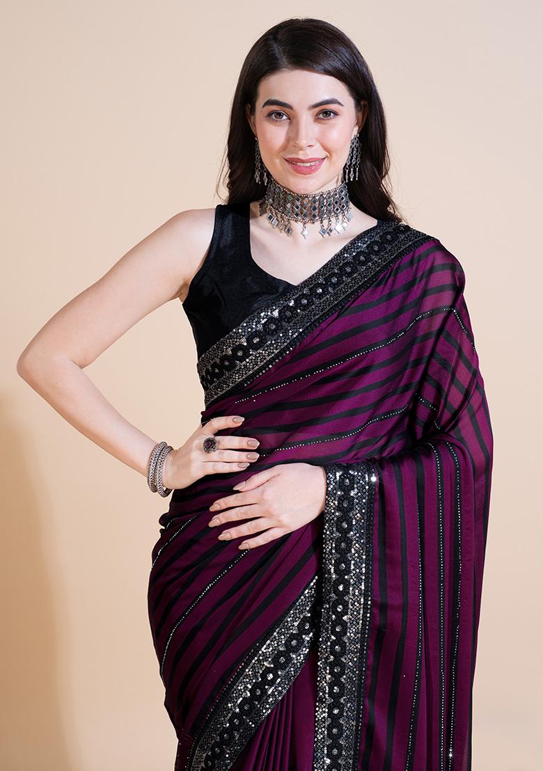 Wine Embroidery Polyster Saree Set - Indya