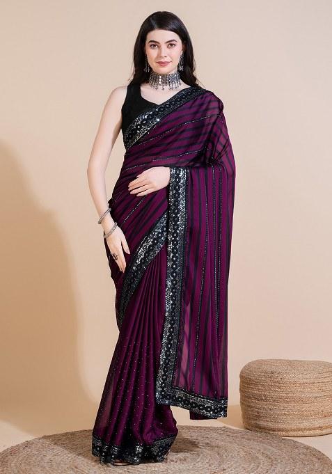 Wine Embroidery Polyster Saree Set