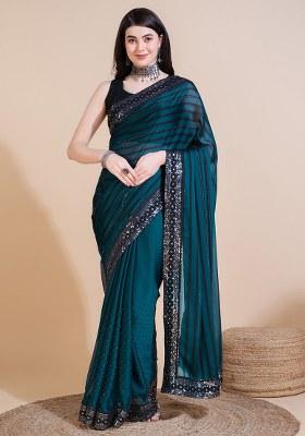 Teal Embroidery Polyster Saree Set