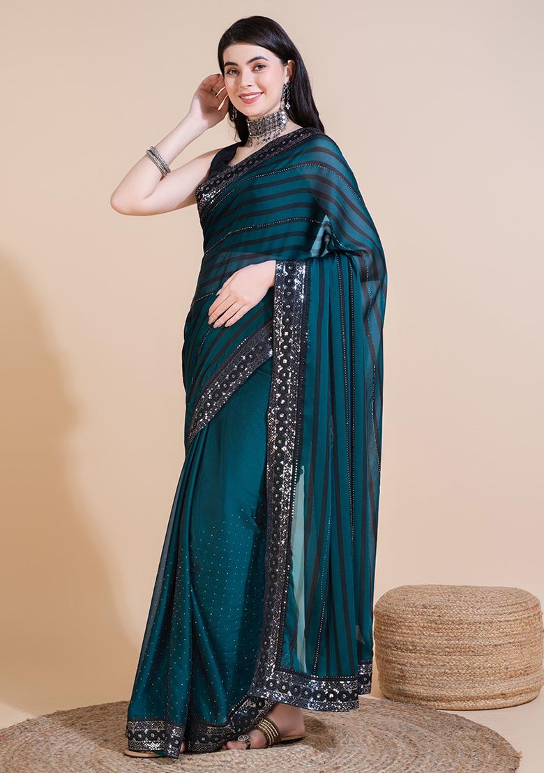Teal Embroidery Polyster Saree Set - Indya