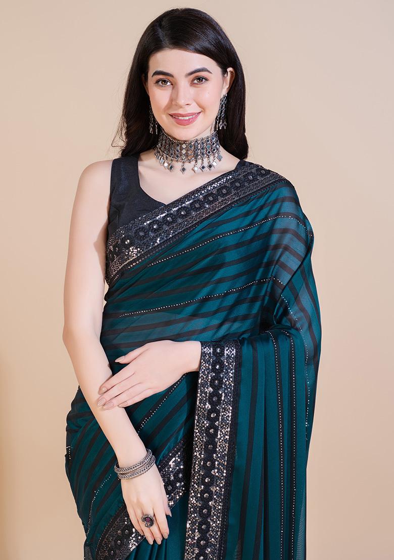 Teal Embroidery Polyster Saree Set - Indya
