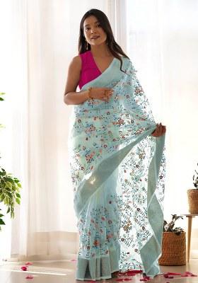 Blue Embroidery Polyster Saree Set