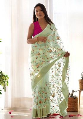 Green Embroidery Polyster Saree Set
