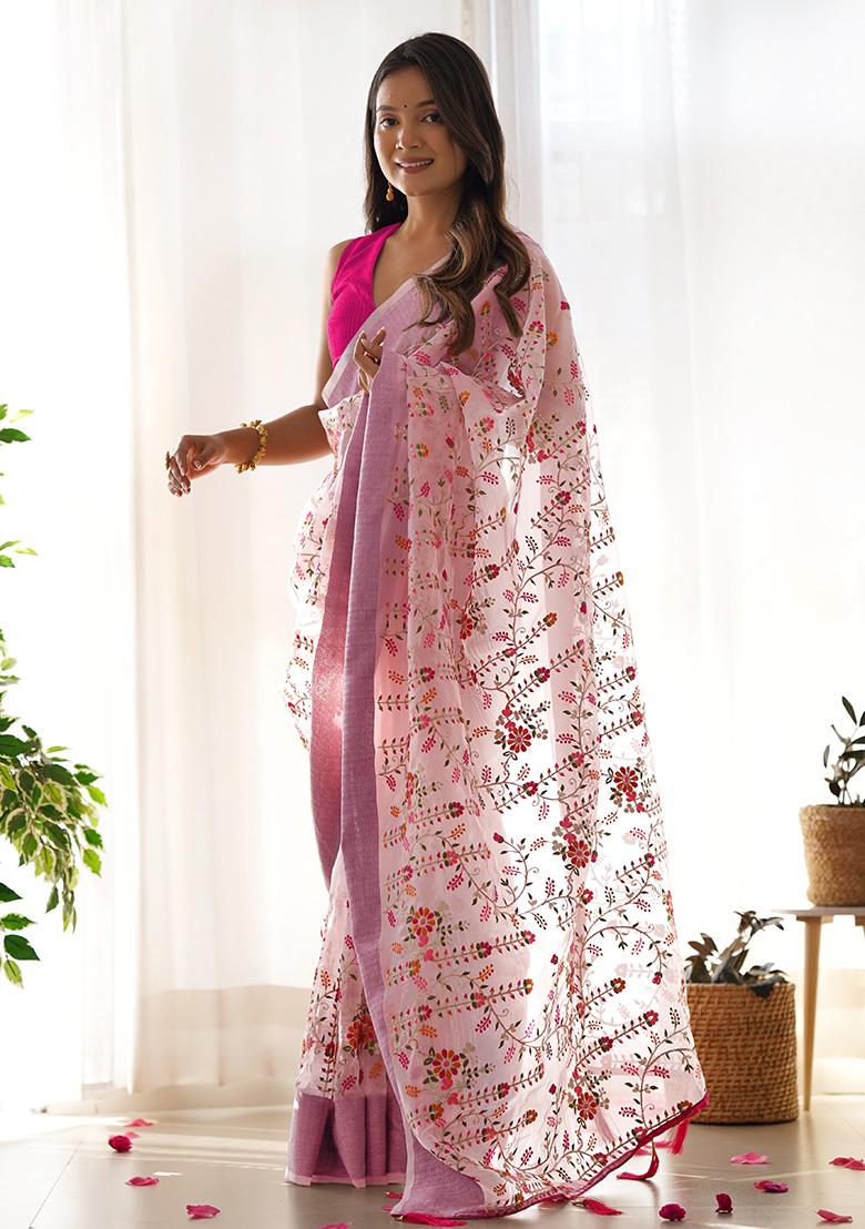 Pink Embroidery Polyster Saree Set - Indya