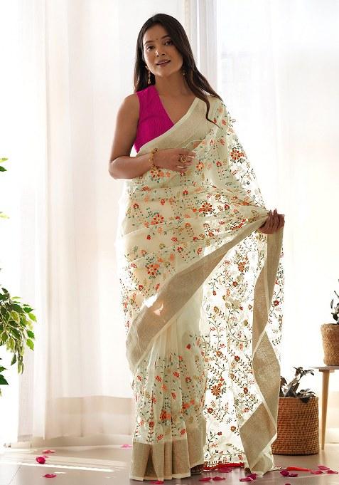 Yellow Embroidery Polyster Saree Set