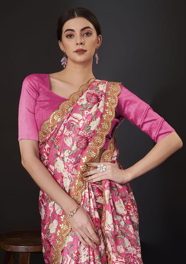 Pink Embroidery Polyster Saree Set - Indya