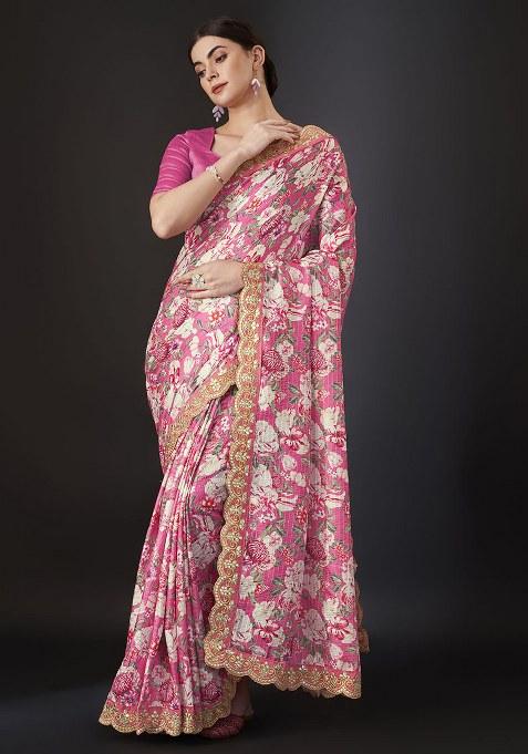 Pink Embroidery Polyster Saree Set