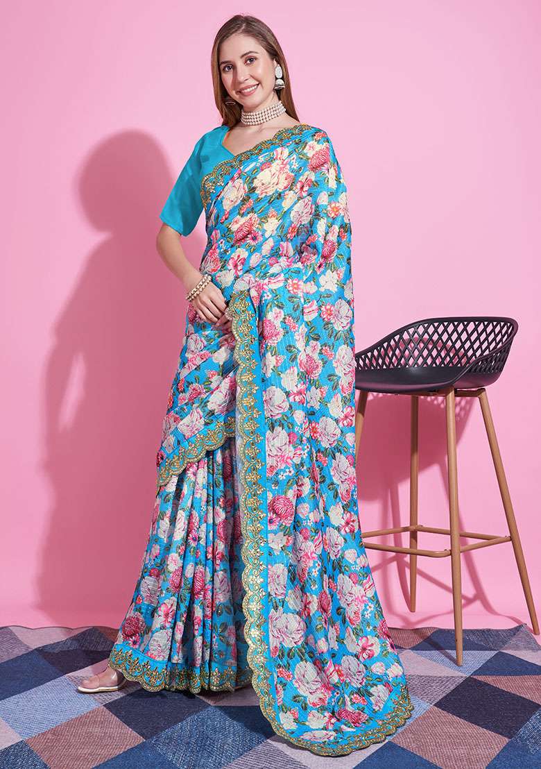 Blue Embroidery Polyster Saree Set for Diwali and Festive Wear - Indya