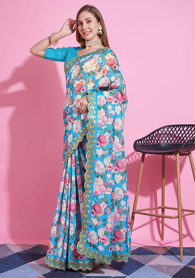 Blue Embroidery Polyster Saree Set - Indya