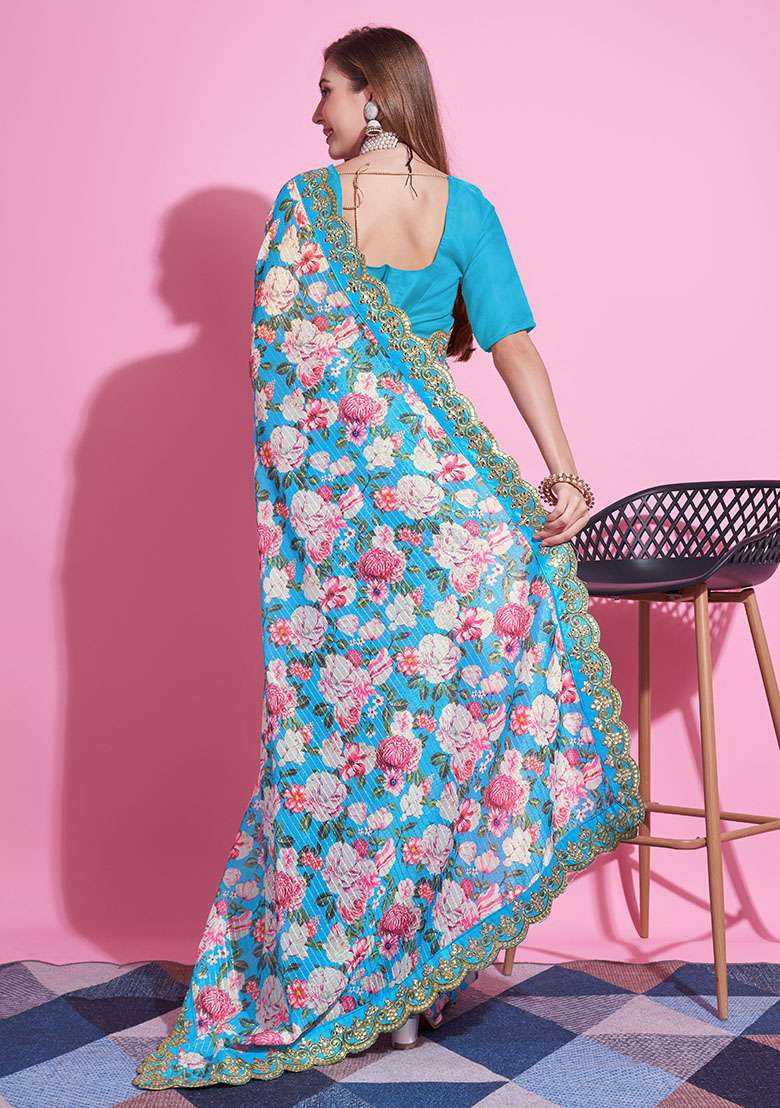 Blue Embroidery Polyster Saree Set for Diwali and Festive Wear - Indya