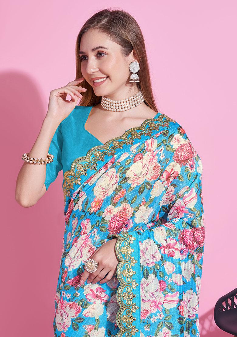 Blue Embroidery Polyster Saree Set - Indya