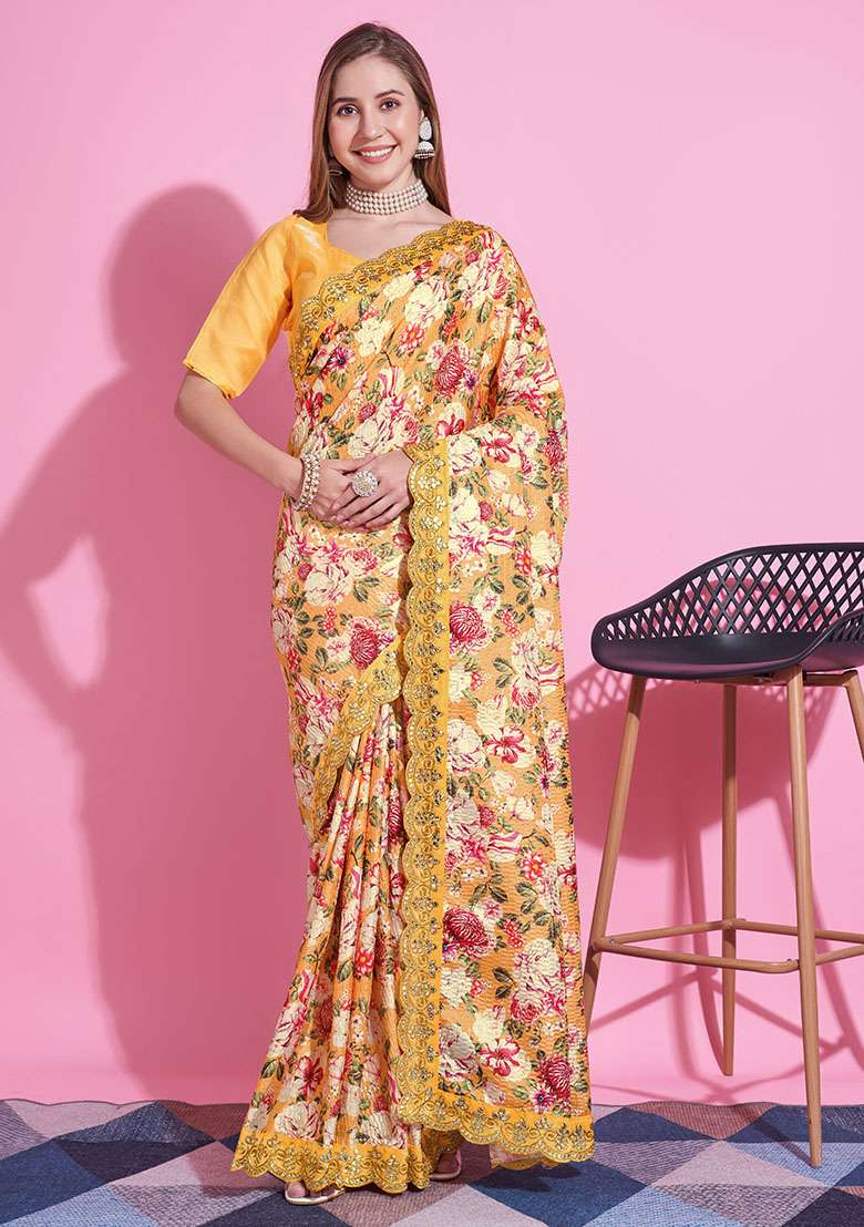 Yellow Embroidery Polyster Saree Set for Diwali and Festive Wear - Indya
