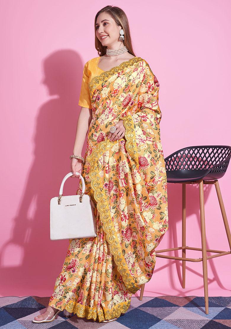 Yellow Embroidery Polyster Saree Set - Indya