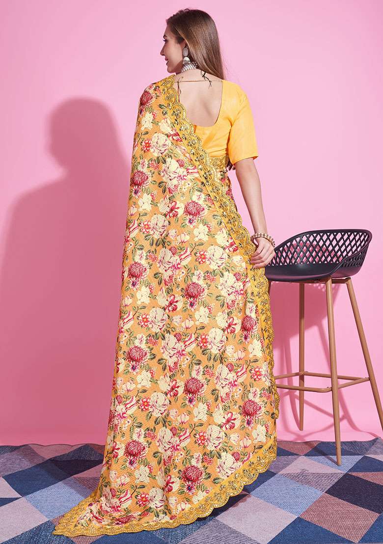 Yellow Embroidery Polyster Saree Set for Diwali and Festive Wear - Indya