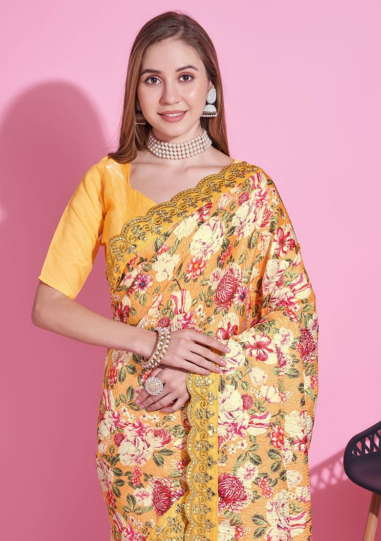 Yellow Embroidery Polyster Saree Set - Indya